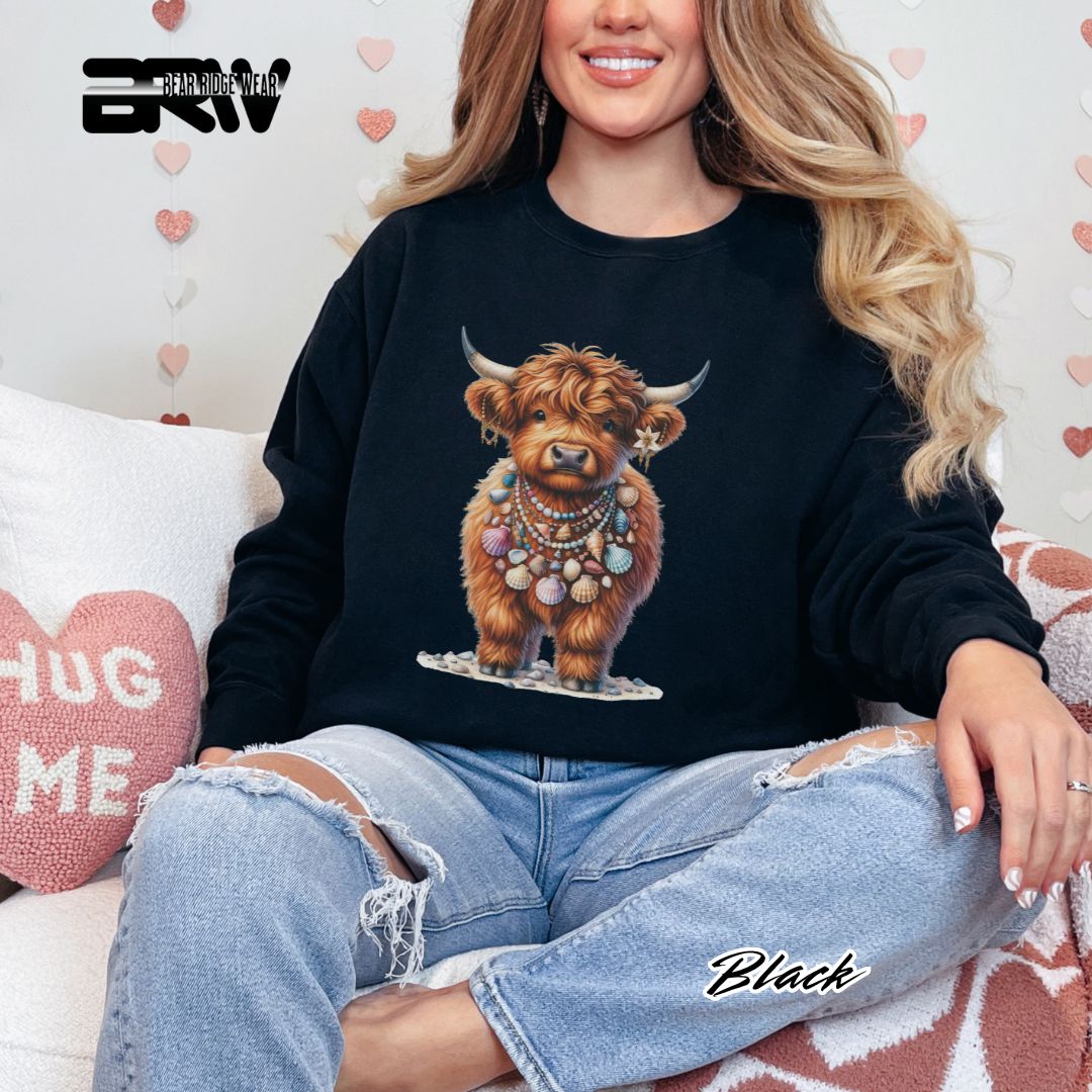 'Highland Cow-Lei-Sea Shells' Summer Crewneck Sweatshirt