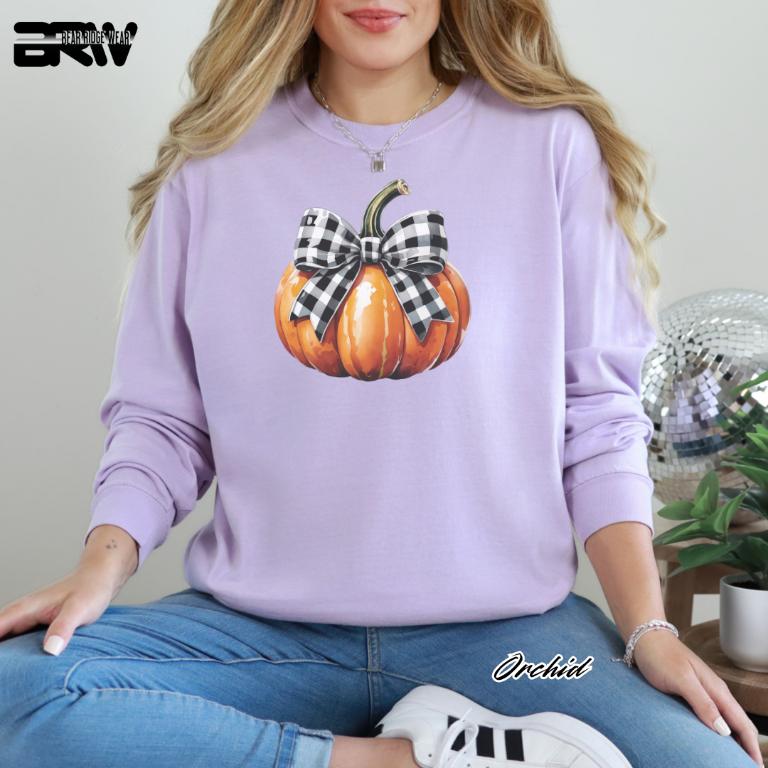 'Pumpkin With Plaid Bow' Fall Long-Sleeve Tee