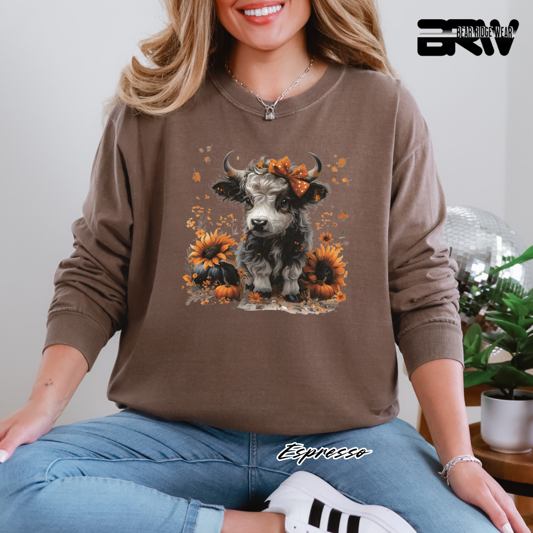 'Highland Cow-Orange Leaves' Fall Crewneck Sweatshirt