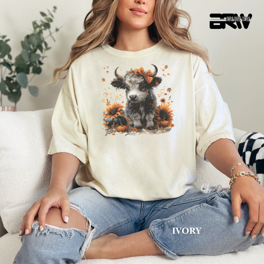 'Highland Cow-Orange Leaves' Fall Tee
