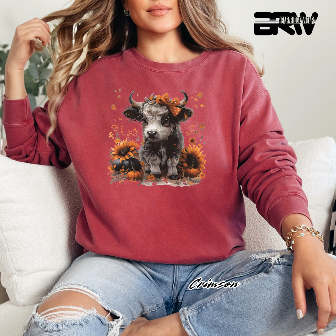 'Highland Cow-Orange Leaves' Fall Crewneck Sweatshirt