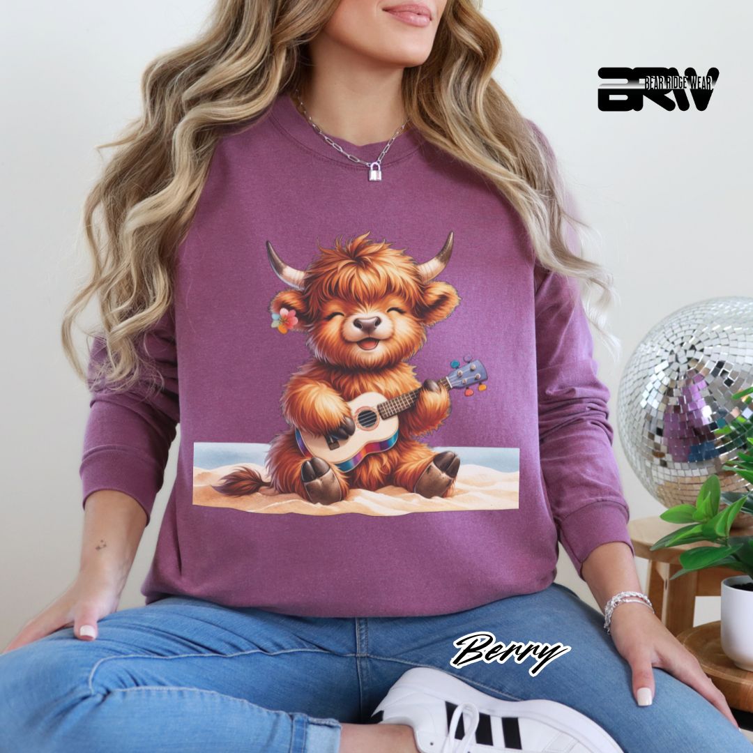 'Highland Cow Beach- Guitar' Summer Long Sleeve Tee