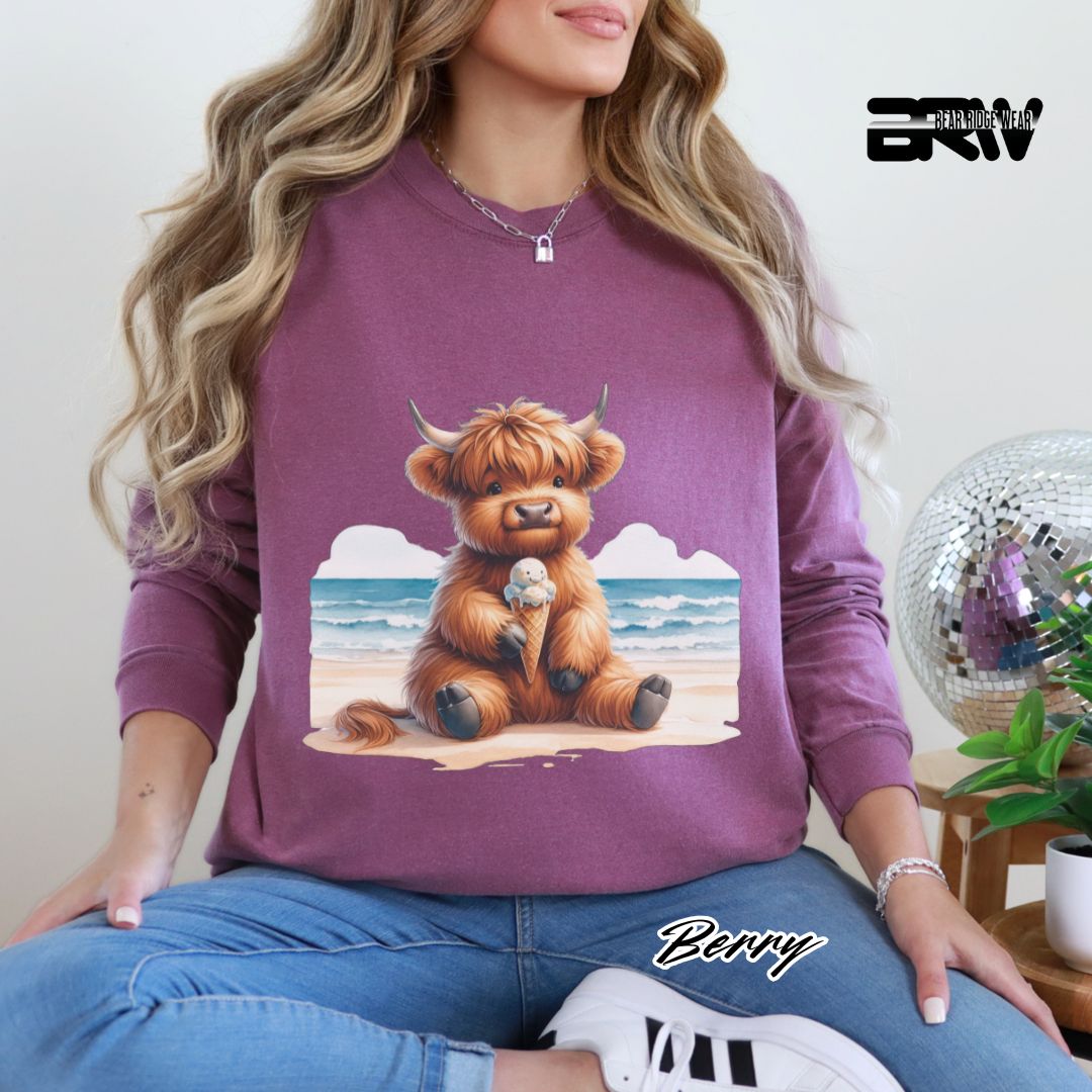 'Highland Cow Beach-Ice Cream' Summer Long Sleeve Tee