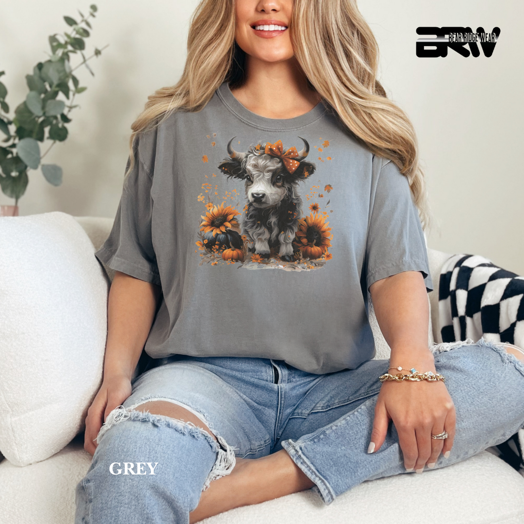 'Highland Cow-Orange Leaves' Fall Tee