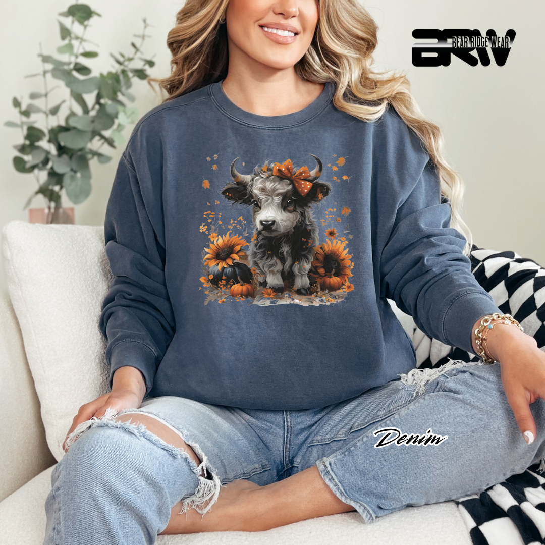 'Highland Cow-Orange Leaves' Fall Crewneck Sweatshirt