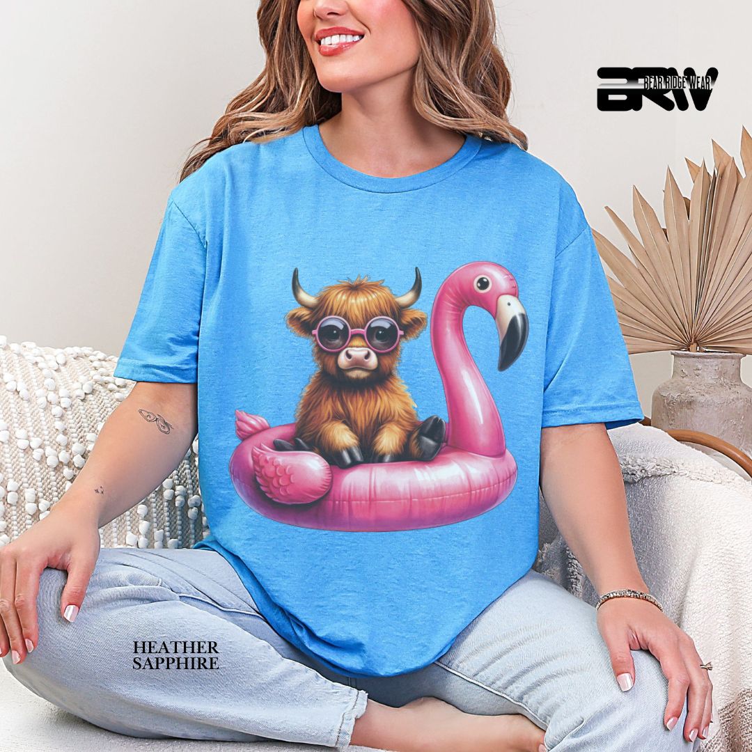 'Highland Cow-Flamingo Float' Summer Tee