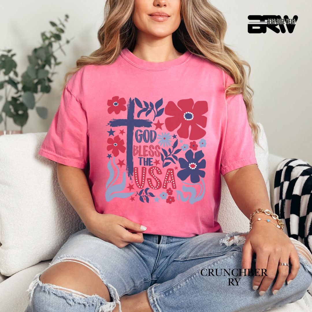 God Bless The USA-Cross Flowers- Patriotic Tee