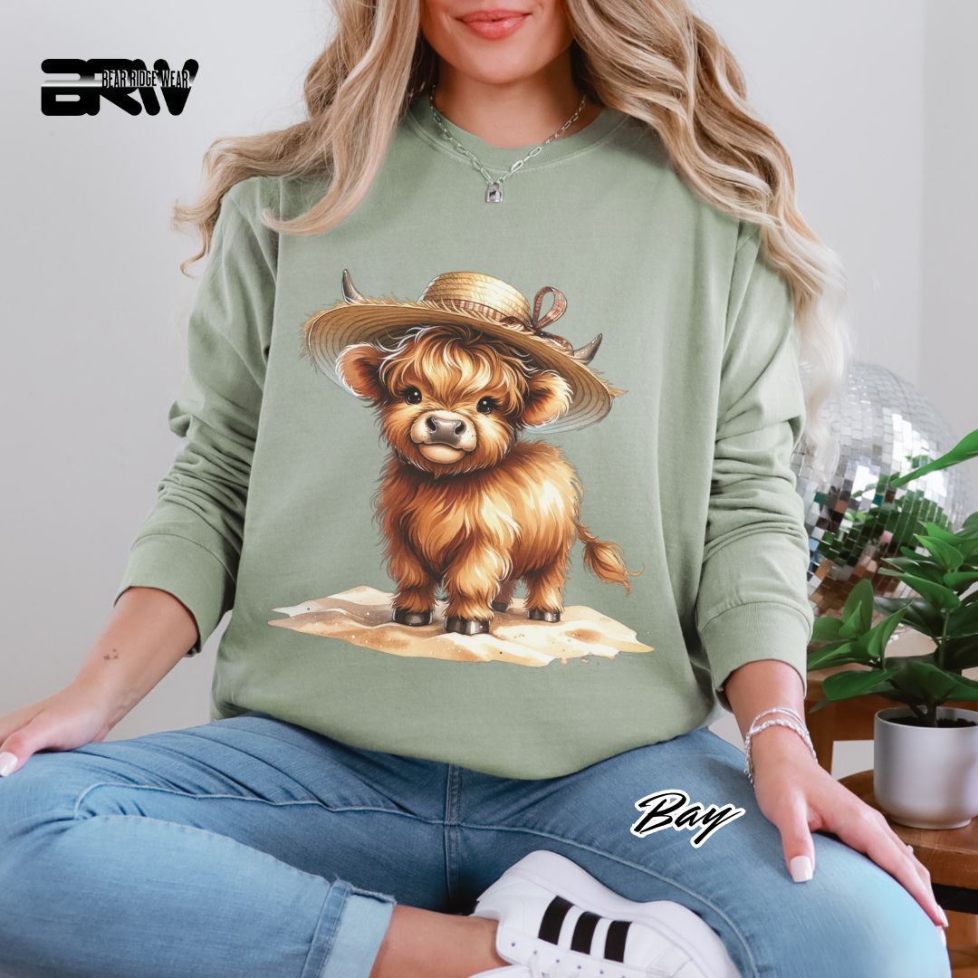 'Highland Cow-Sun Hat' Summer Long Sleeve Tee