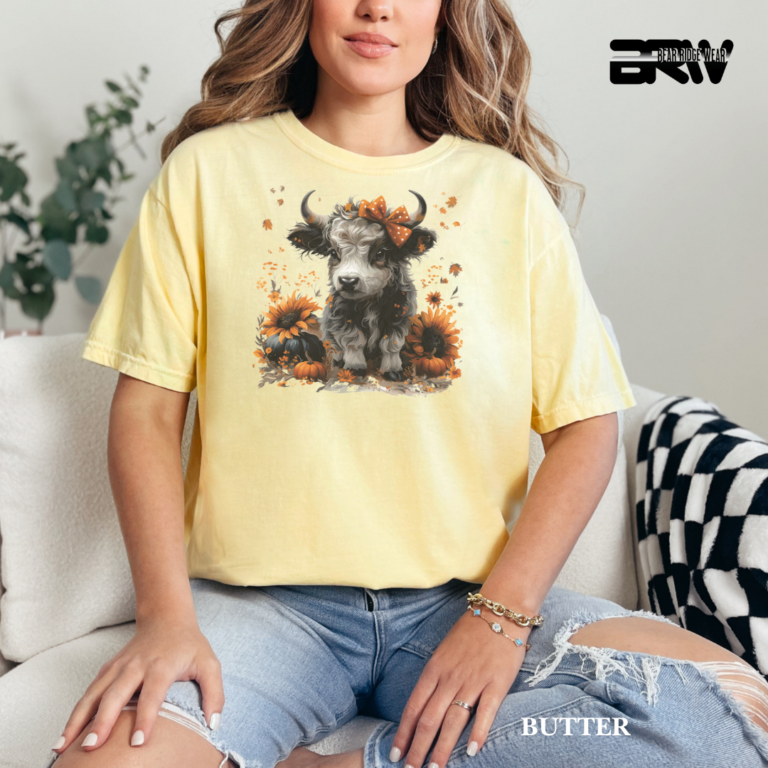 'Highland Cow-Orange Leaves' Fall Tee