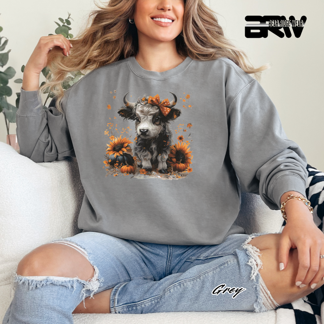 'Highland Cow-Orange Leaves' Fall Crewneck Sweatshirt