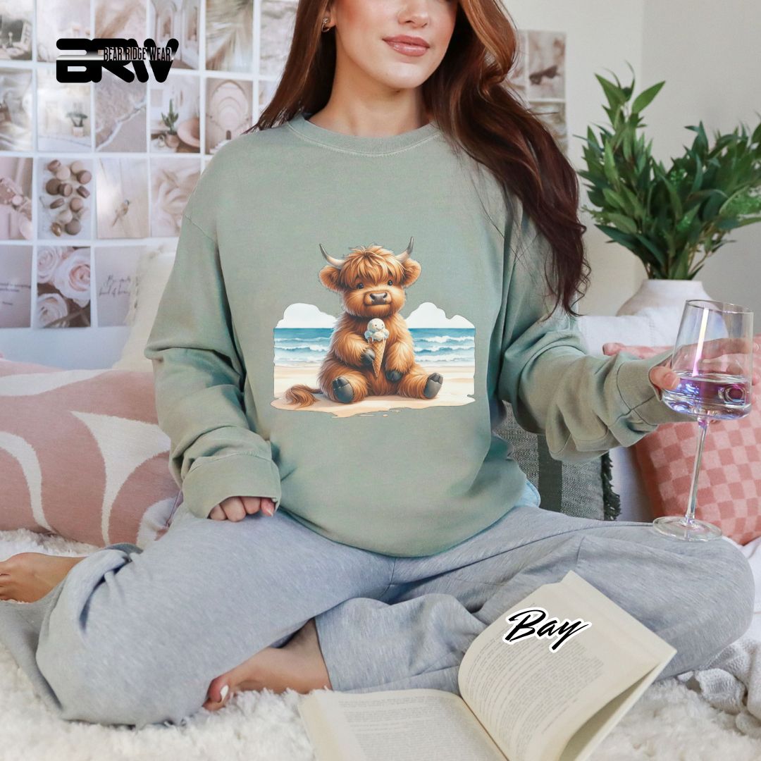 'Highland Cow Beach-Ice Cream' Summer Long Sleeve Tee