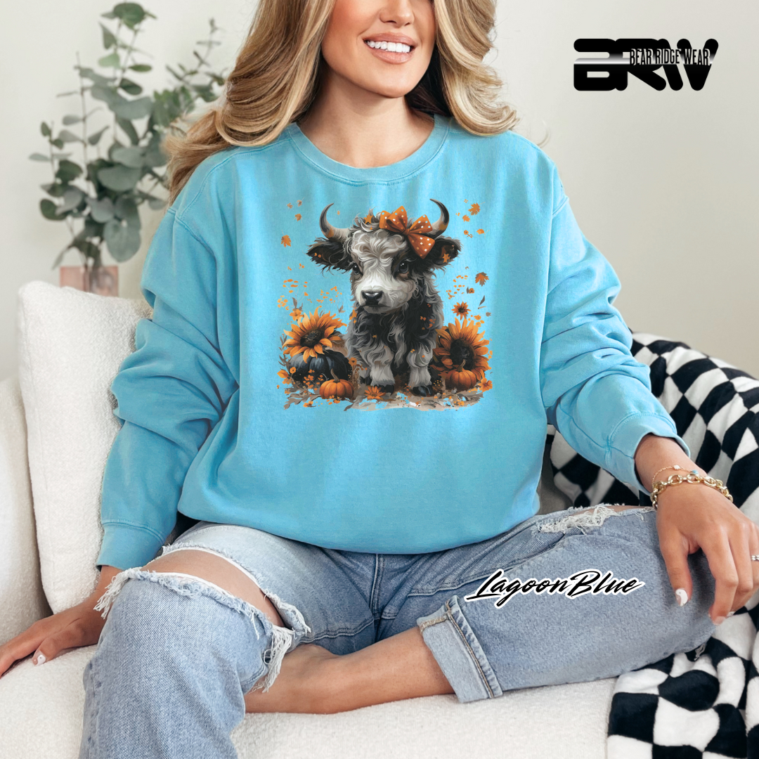 'Highland Cow-Orange Leaves' Fall Crewneck Sweatshirt