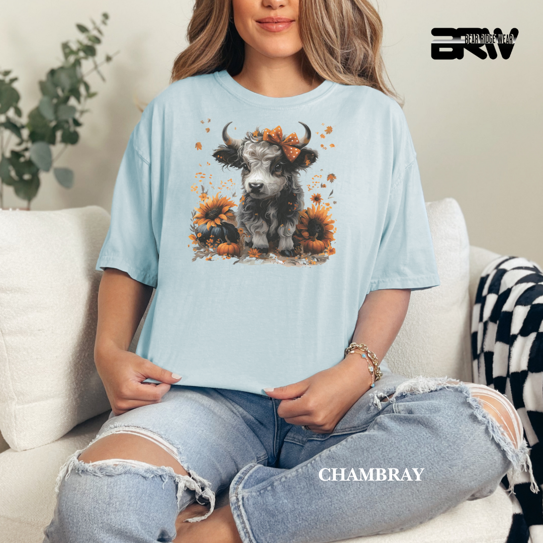 'Highland Cow-Orange Leaves' Fall Tee