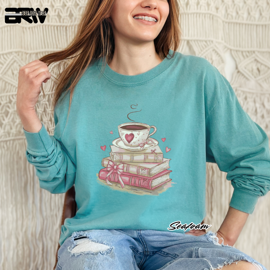 'Coffee on top of the books' Long Sleeve Tee