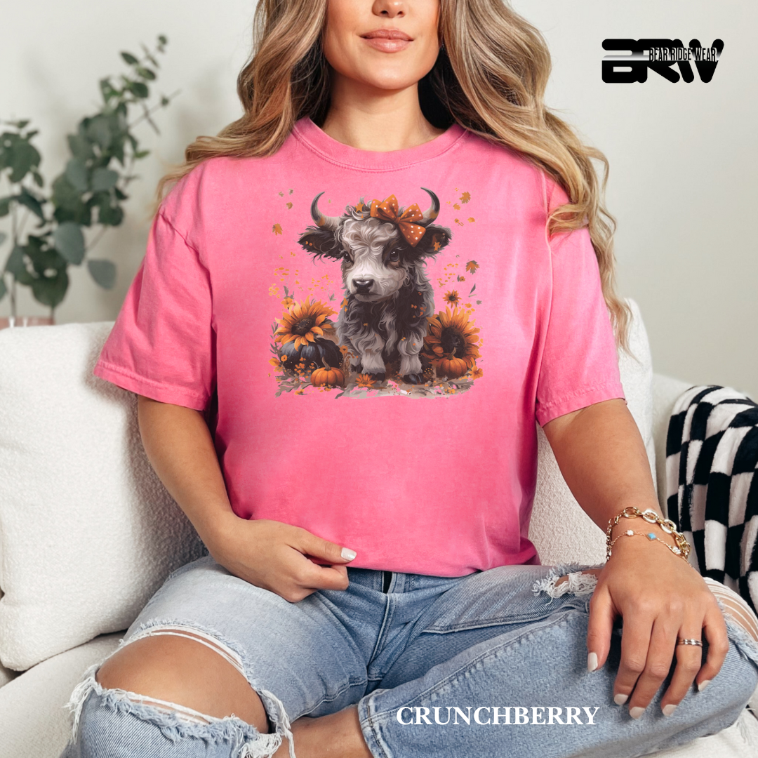 'Highland Cow-Orange Leaves' Fall Tee