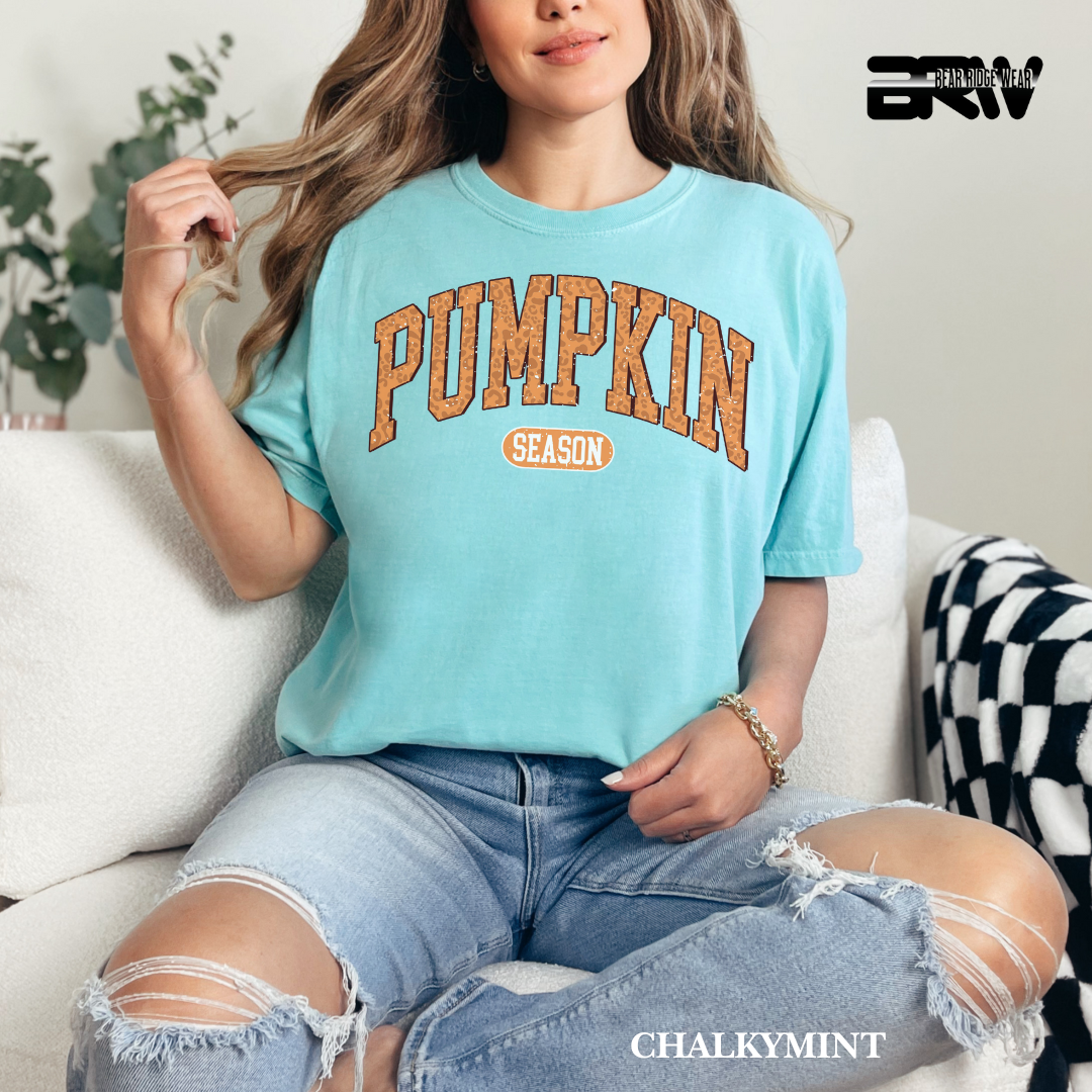 Woman wearing a light blue t-shirt with 'Pumpkin Season' text, sitting on a couch.