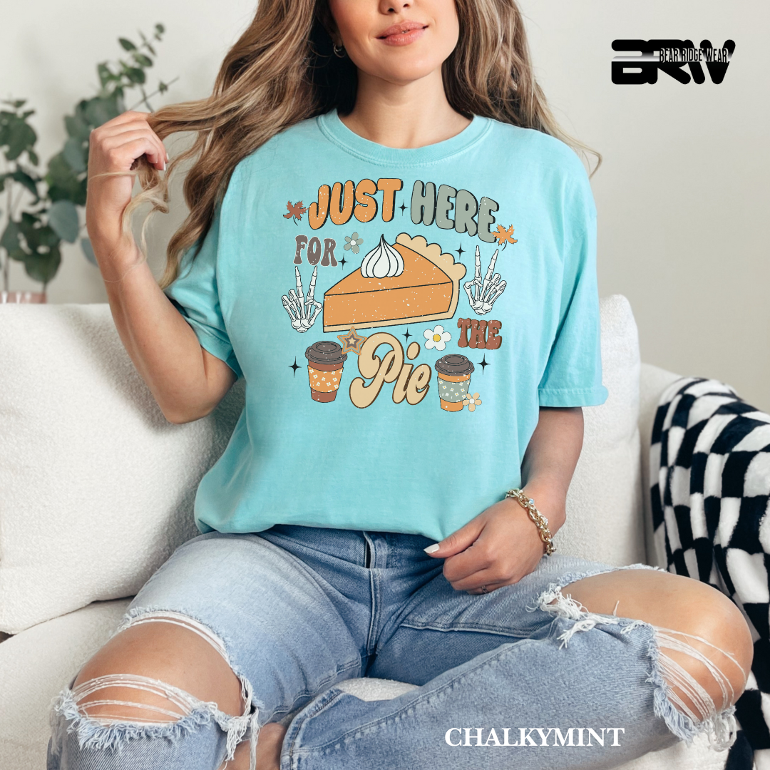 Woman wearing a light blue t-shirt with a pie graphic and text, sitting on a couch.