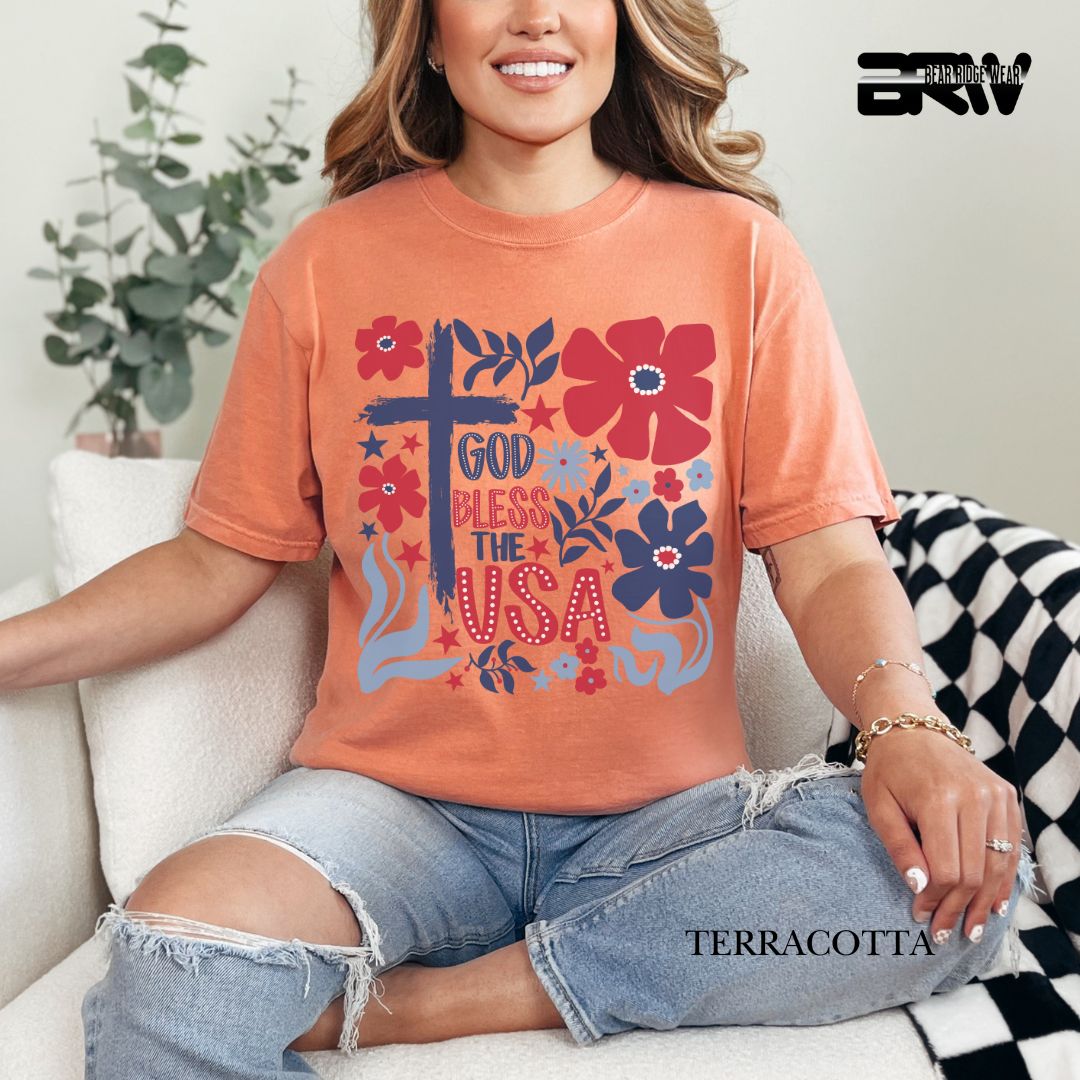 God Bless The USA-Cross Flowers- Patriotic Tee