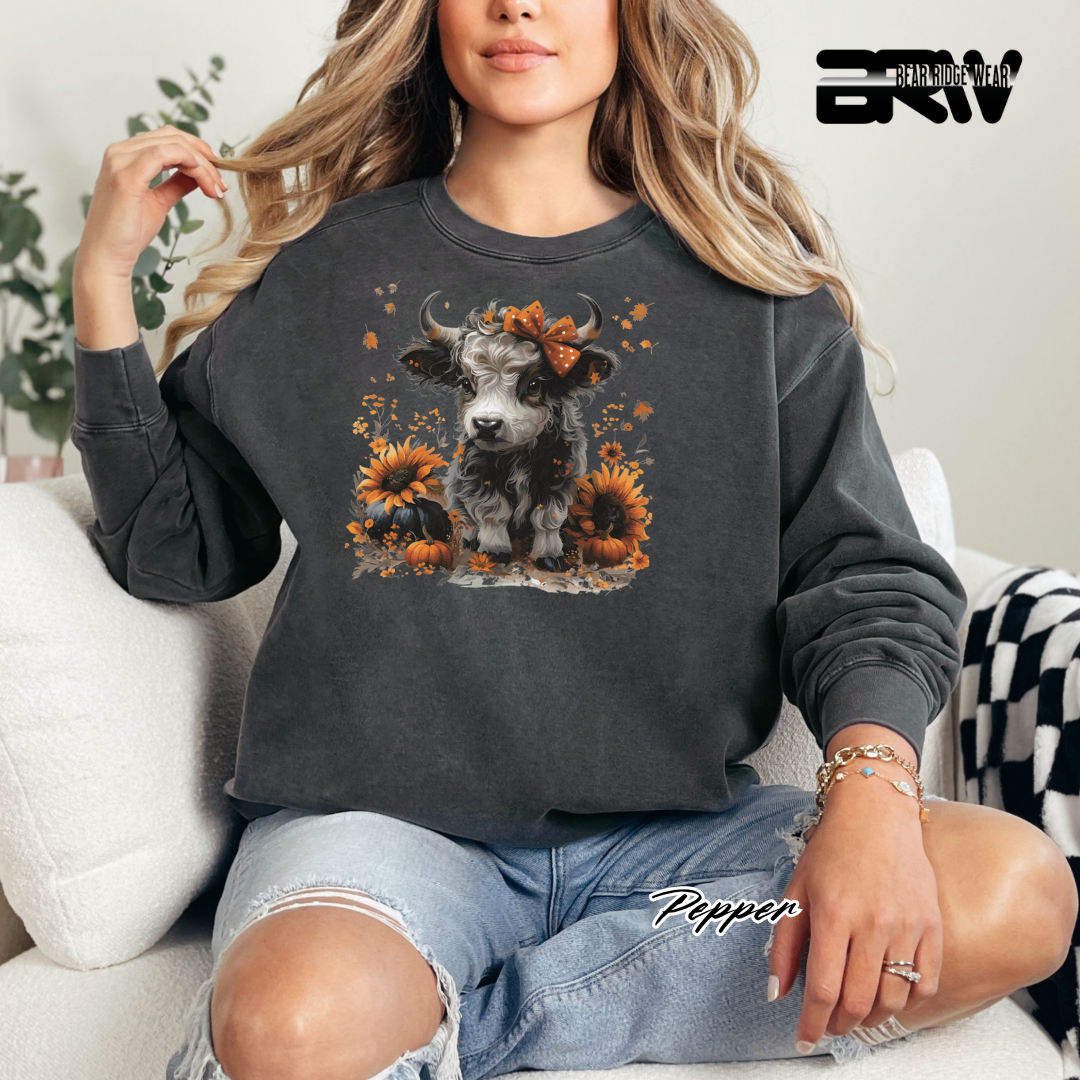 'Highland Cow-Orange Leaves' Fall Crewneck Sweatshirt
