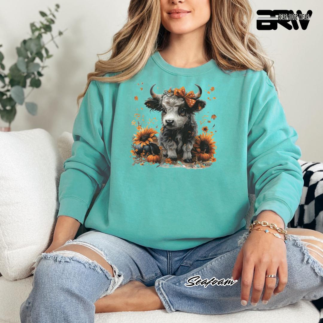 'Highland Cow-Orange Leaves' Fall Crewneck Sweatshirt