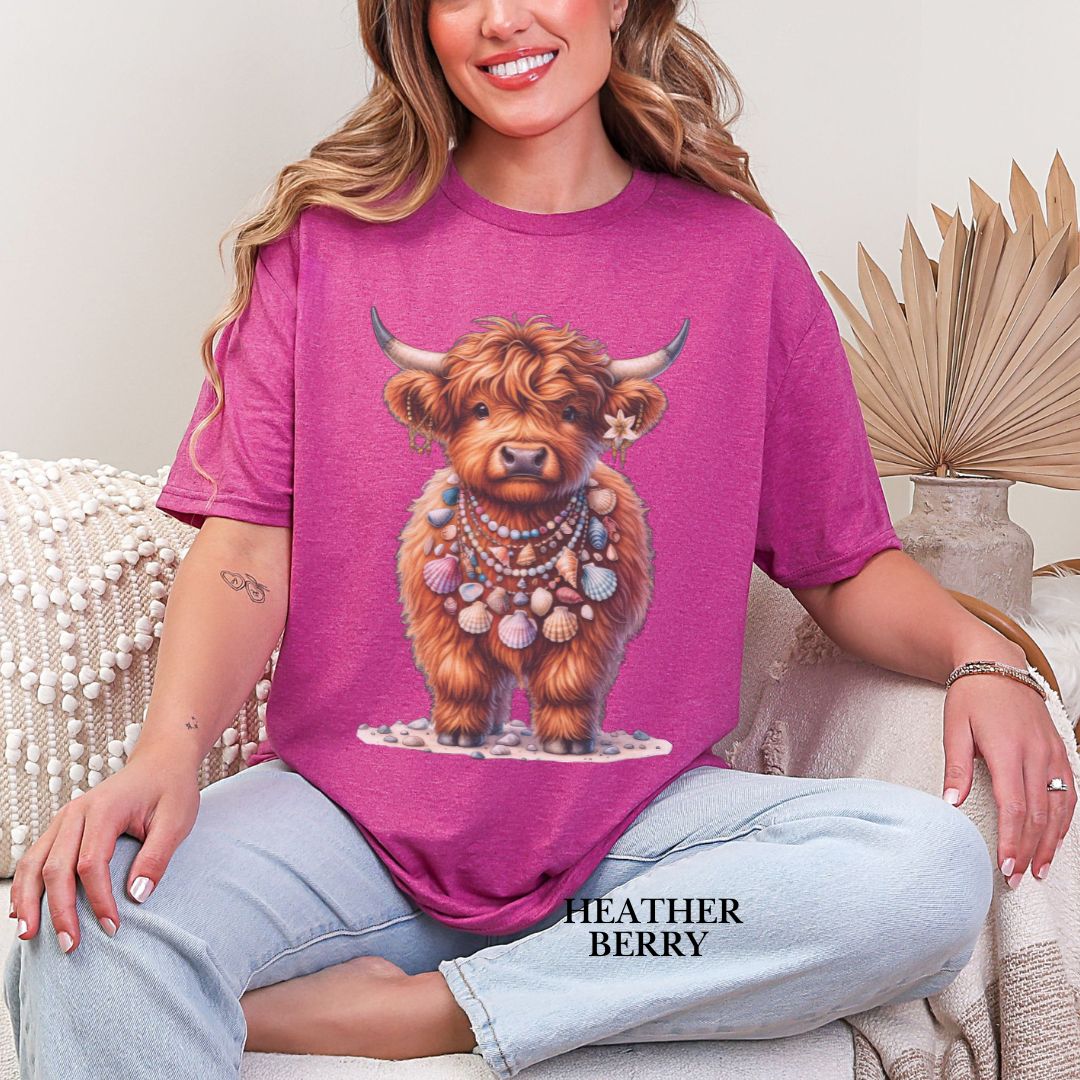 'Highland Cow-Lei Sea Shells' Summer Tee