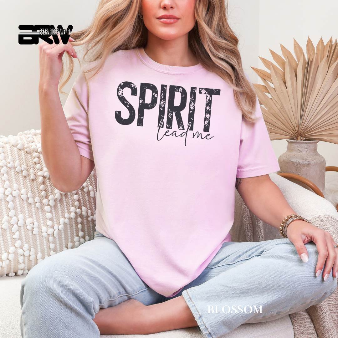 Person wearing a pink t-shirt with 'SPIRIT lead me' text, sitting on a couch.