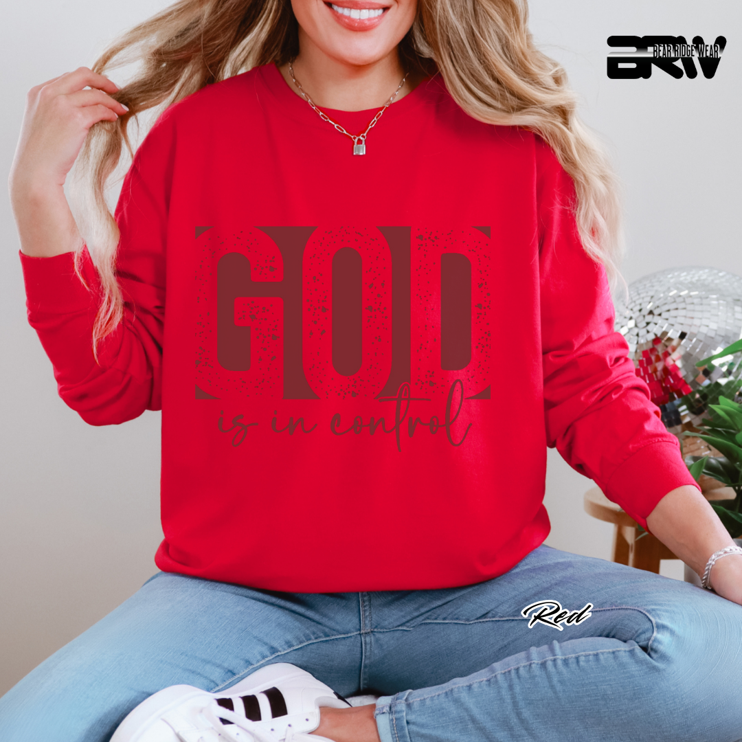 'God Is In Control' Red Faith Long-Sleeve Tee