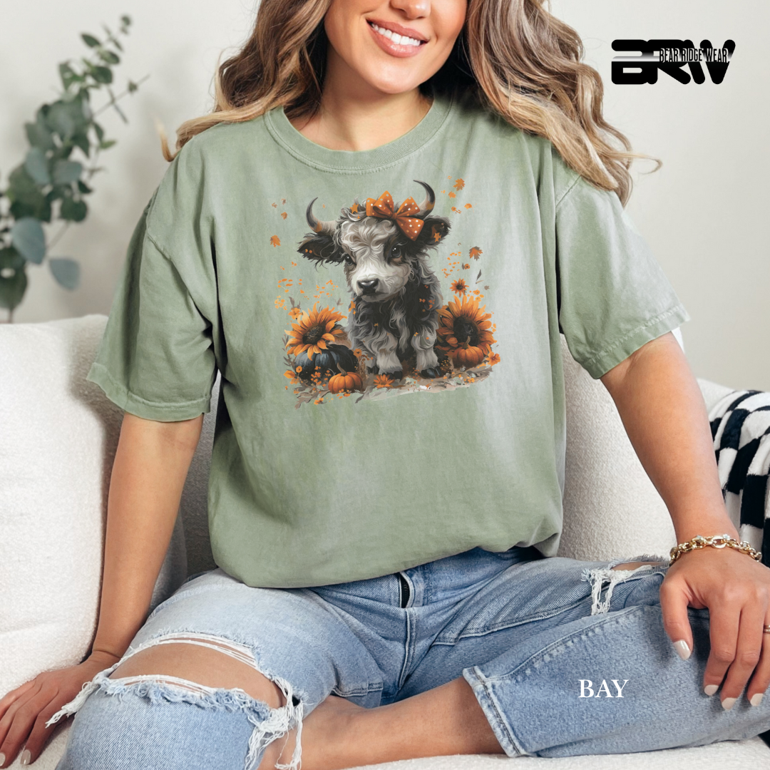 'Highland Cow-Orange Leaves' Fall Tee