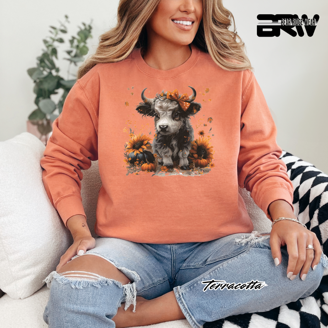 'Highland Cow-Orange Leaves' Fall Crewneck Sweatshirt