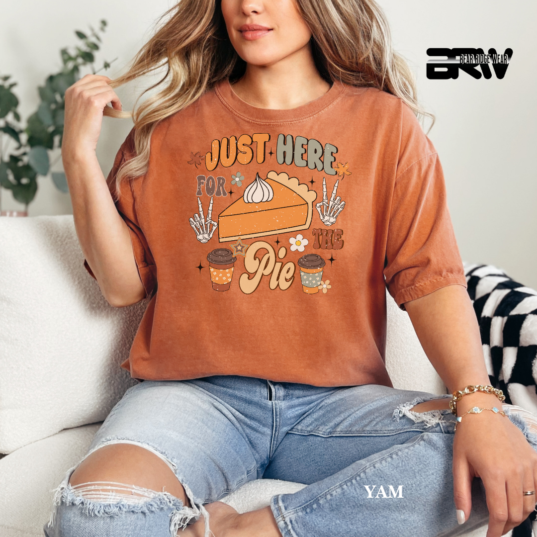 Person wearing a brown t-shirt with a pie graphic and text, sitting on a couch.