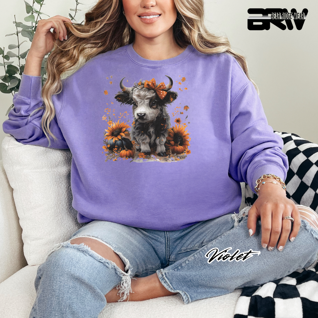 'Highland Cow-Orange Leaves' Fall Crewneck Sweatshirt