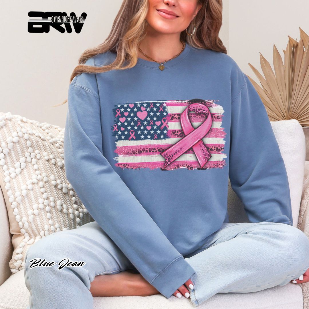 'USA Flag With Pink Ribbon' Awareness Long Sleeve Tee