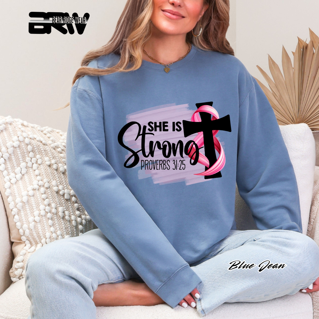 'She Is Strong, Proverbs 31:25' Awareness Crewneck Sweatshirt