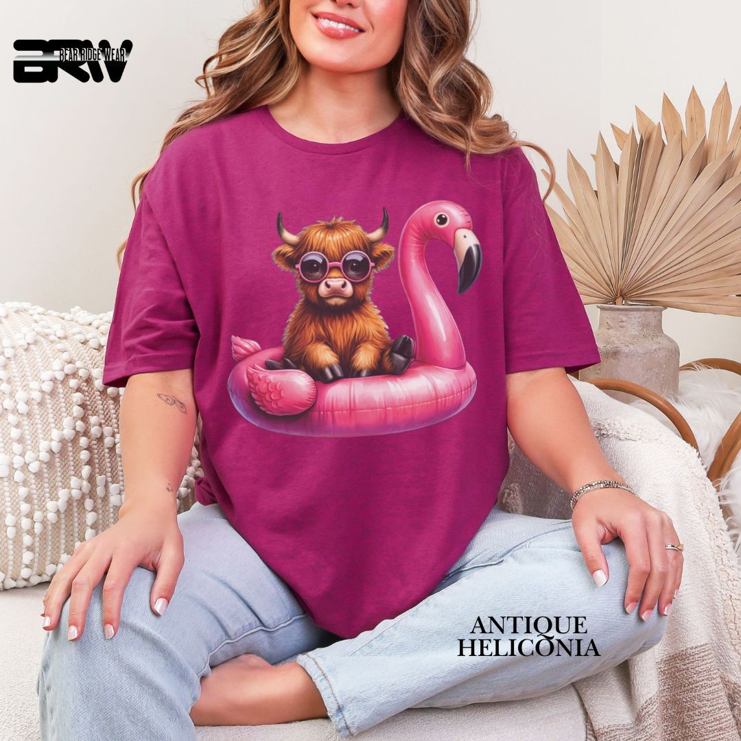 'Highland Cow-Flamingo Float' Summer Tee