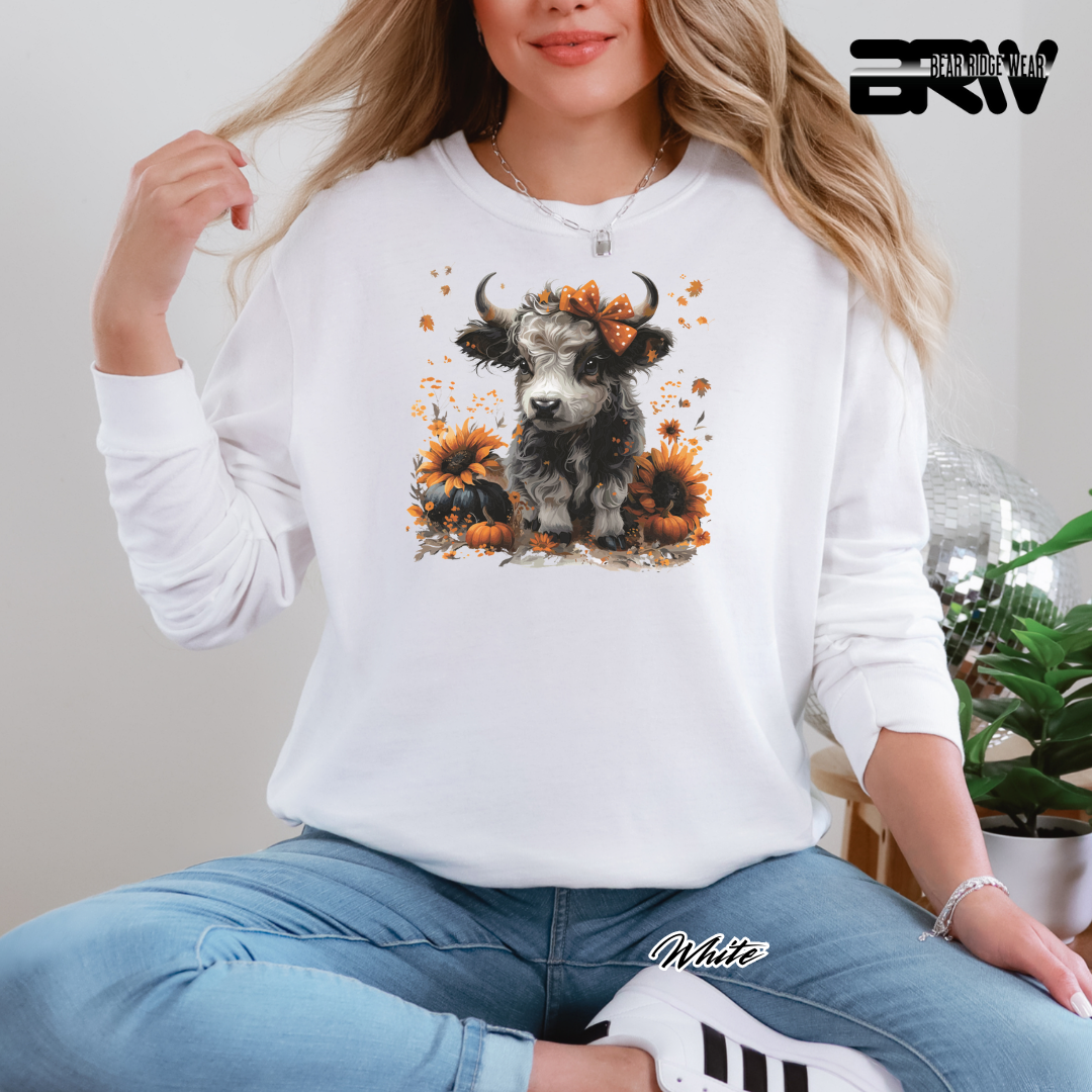 'Highland Cow-Orange Leaves' Fall Crewneck Sweatshirt