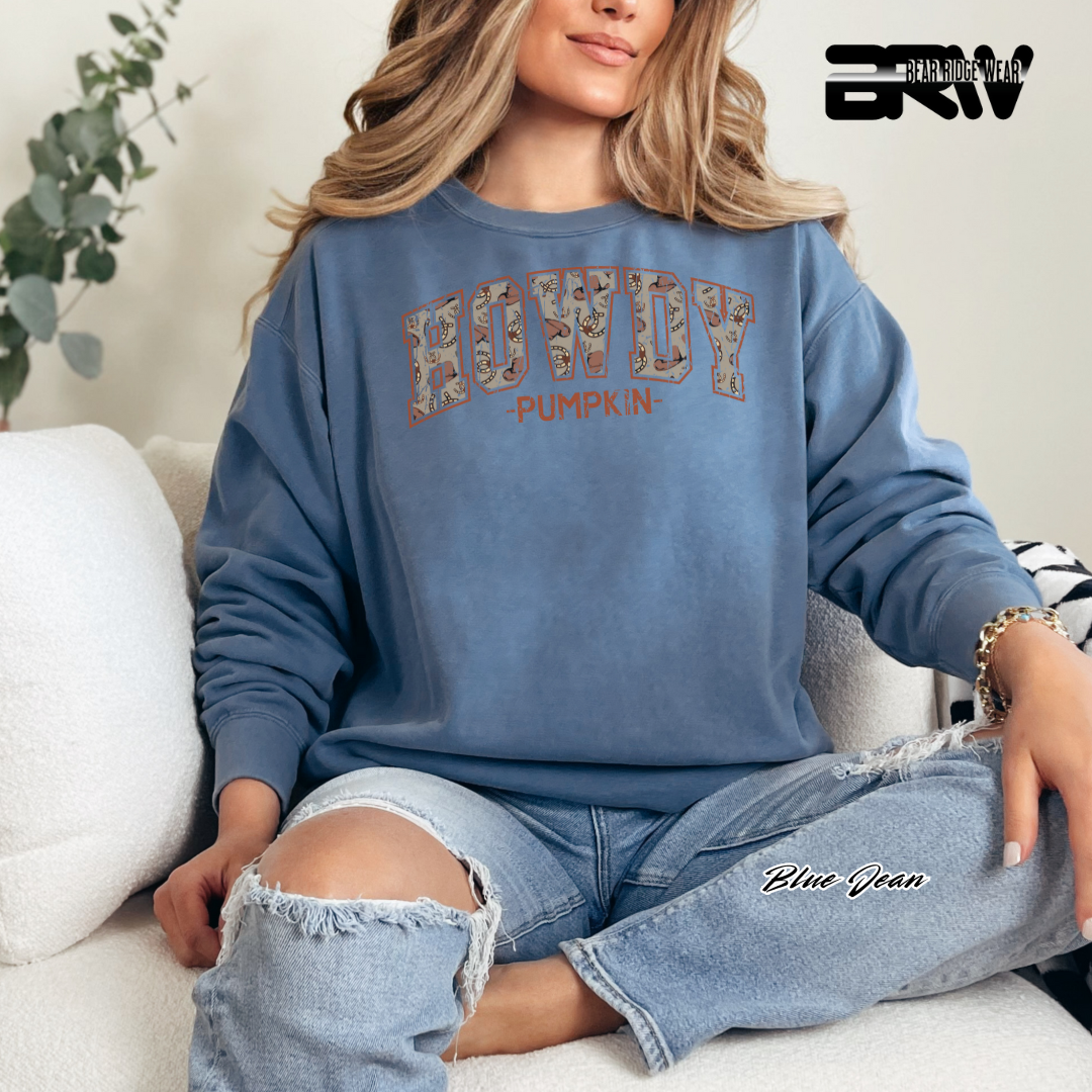 Person wearing a blue sweatshirt with 'HOWDY PUMPKIN' text, sitting on a couch.