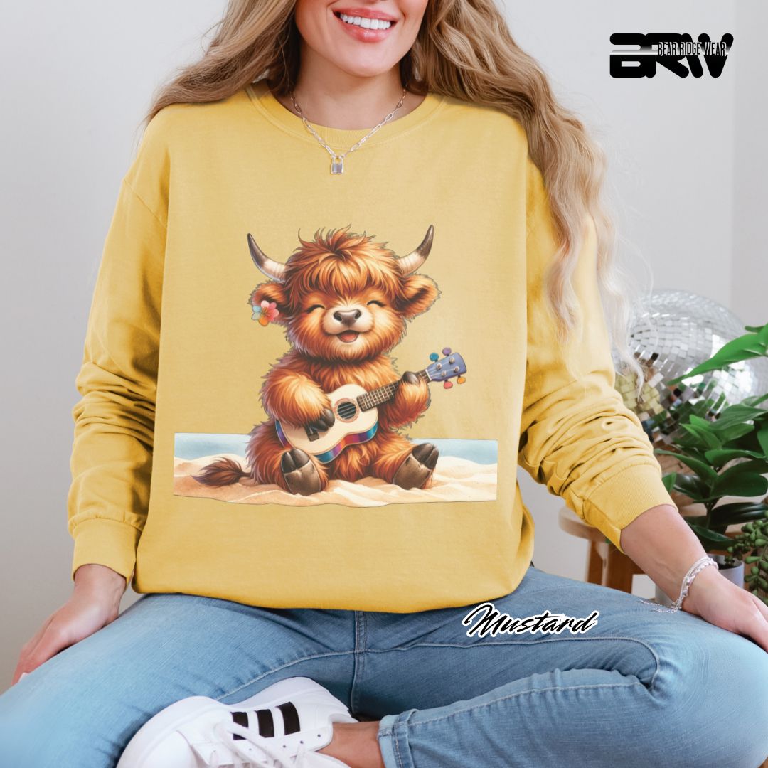 'Highland Cow Beach- Guitar' Summer Long Sleeve Tee
