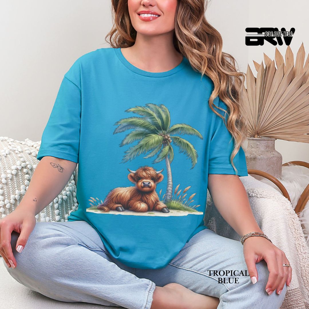 'Highland Cow-Palm Tree' 3 Summer Tee