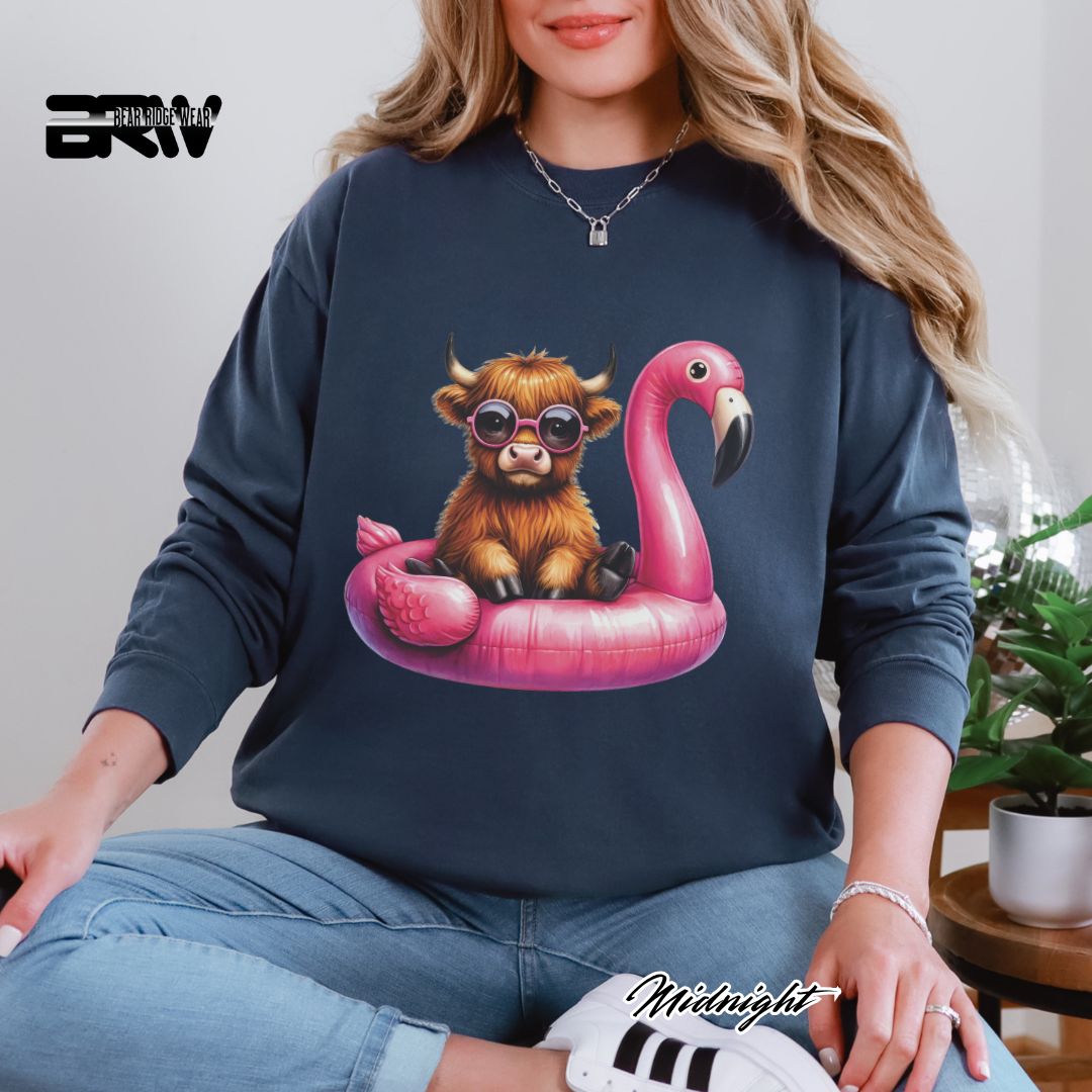 'Highland Cow Beach-Flamingo Float' Summer Long Sleeve Tee