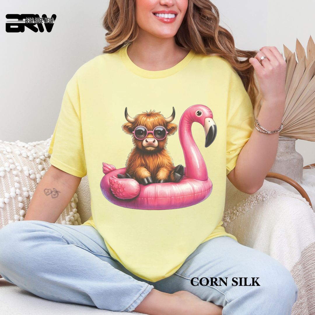 'Highland Cow- Flamingo Float' 3 Summer Tee