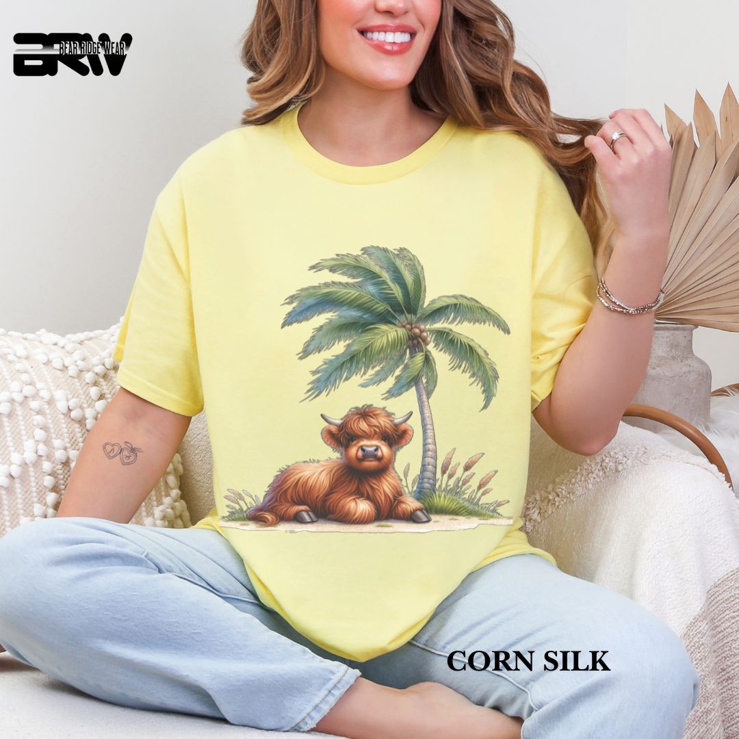 'Highland Cow-Palm Tree' 3 Summer Tee