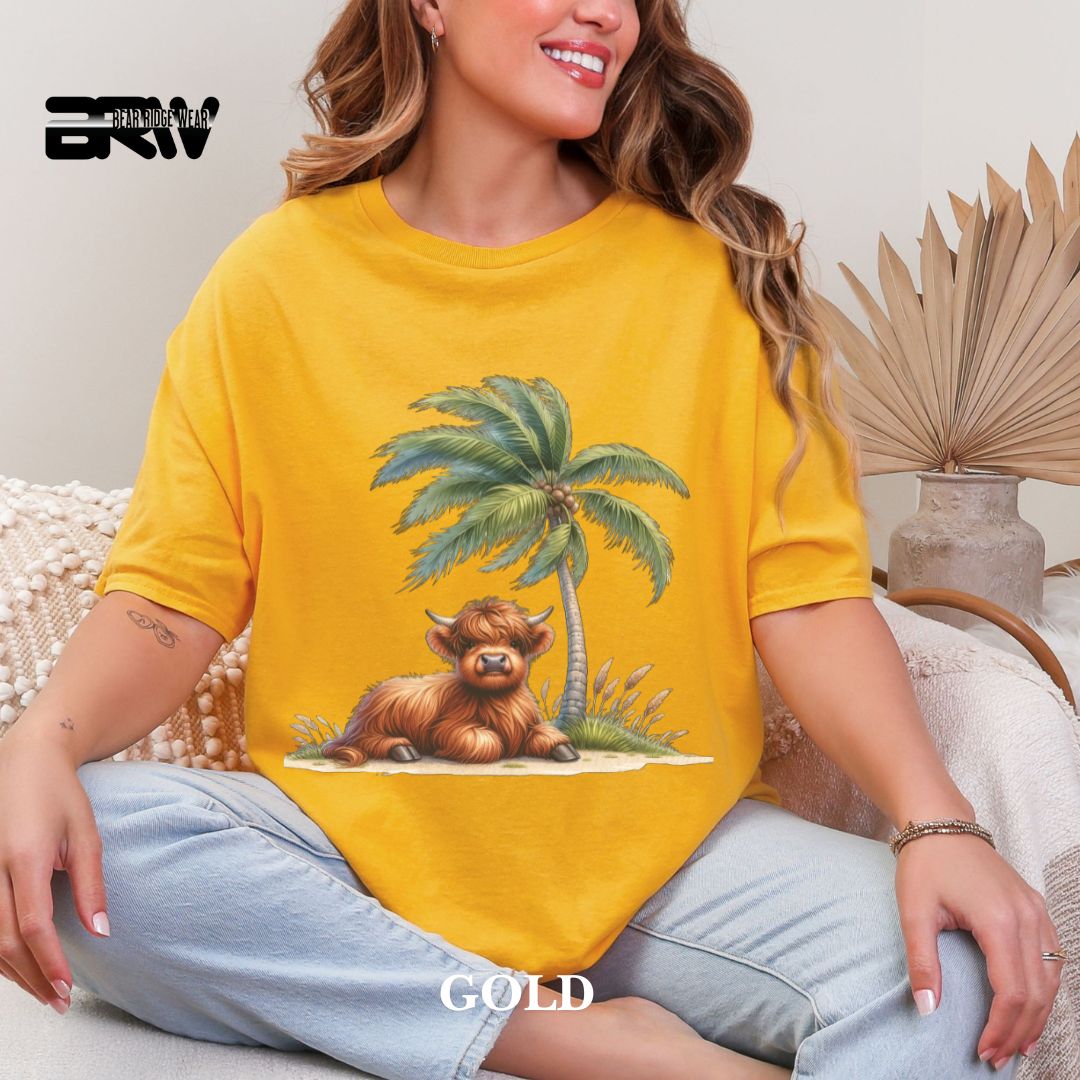 'Highland Cow-Palm Tree' 2 Summer Tee