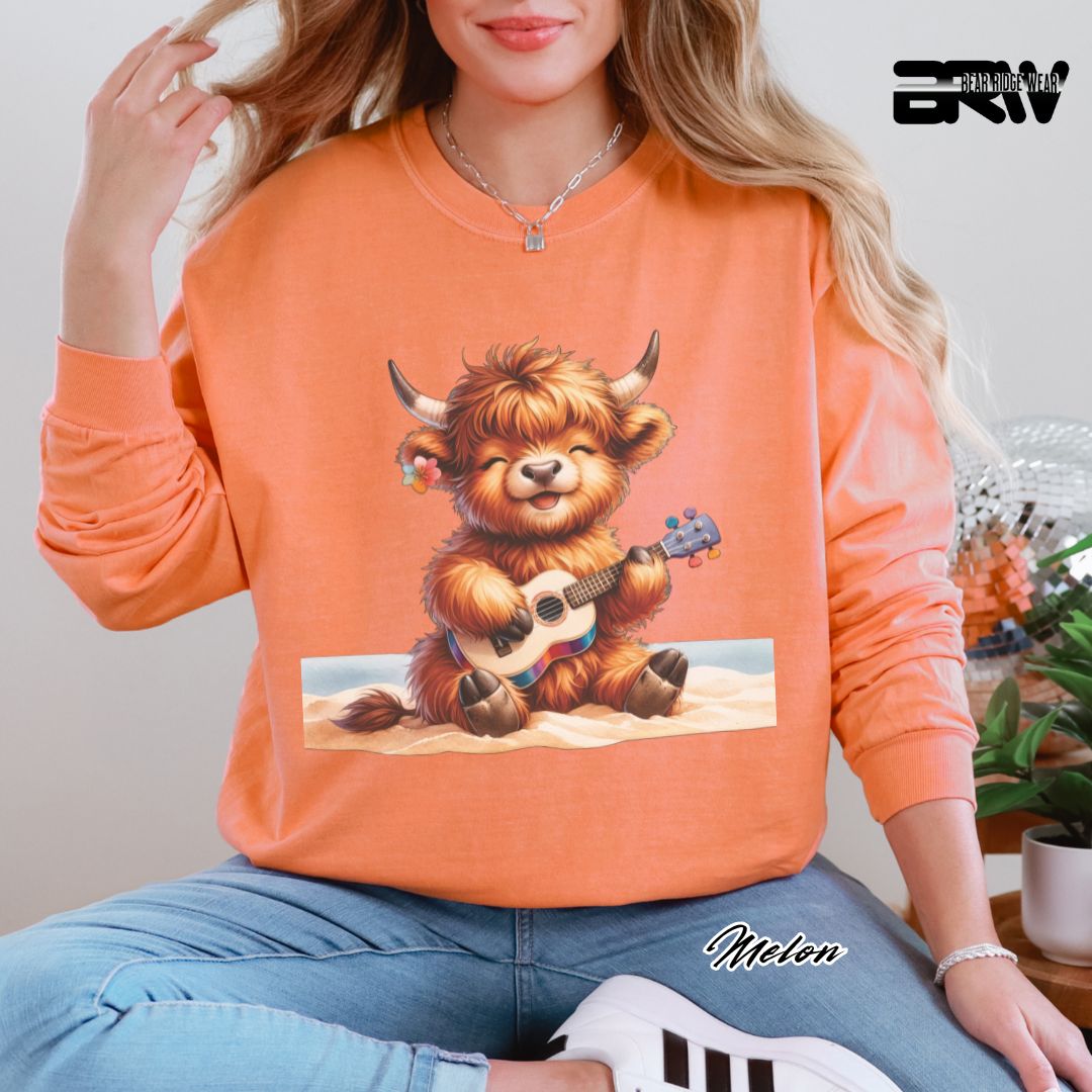 'Highland Cow Beach- Guitar' Summer Long Sleeve Tee