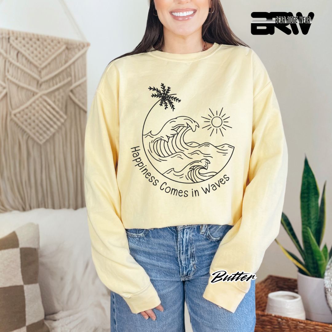 'Happiness Comes In Waves' Black Summer Crewneck Sweatshirt