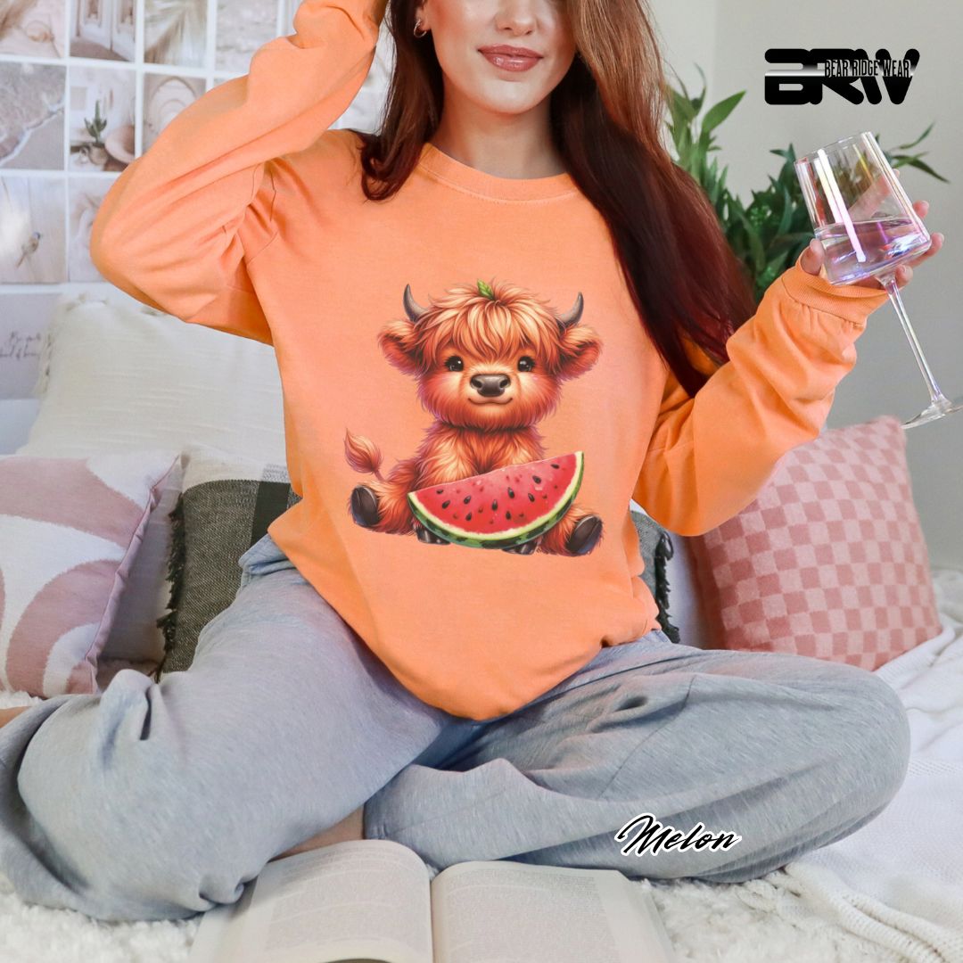 'Highland Cow-Watermelon' Summer Long Sleeve Tee