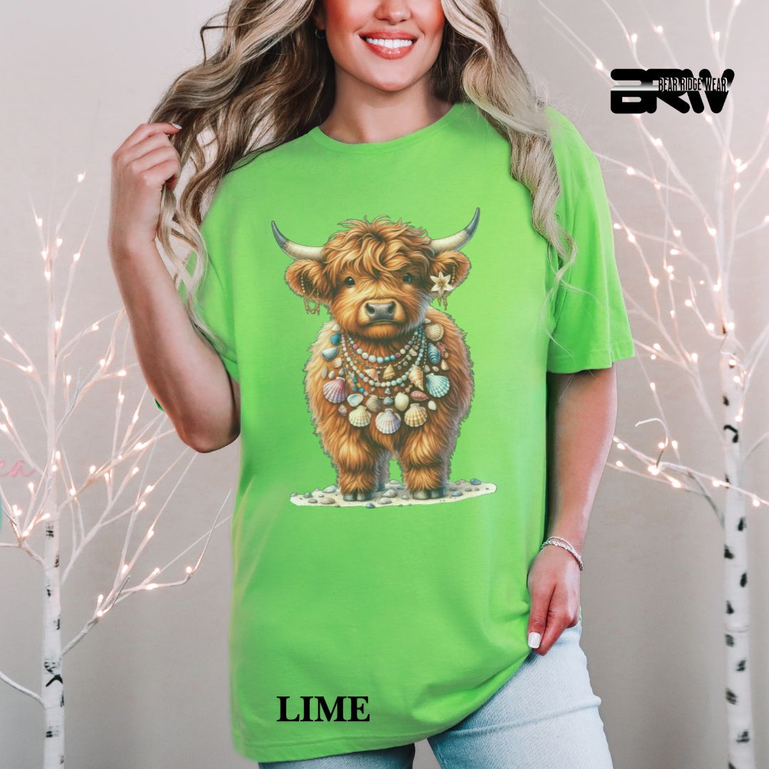 'Highland Cow-Lei Sea Shells' Summer Tee