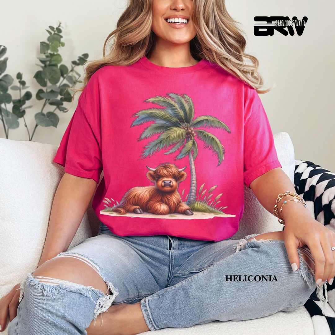 'Highland Cow-Palm Tree' 3 Summer Tee