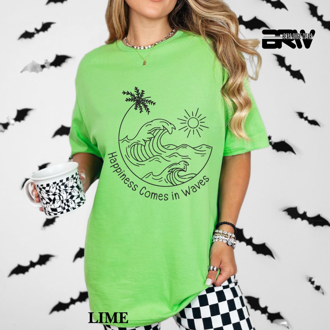 'Happiness Comes In Waves' Black Color Summer Tee