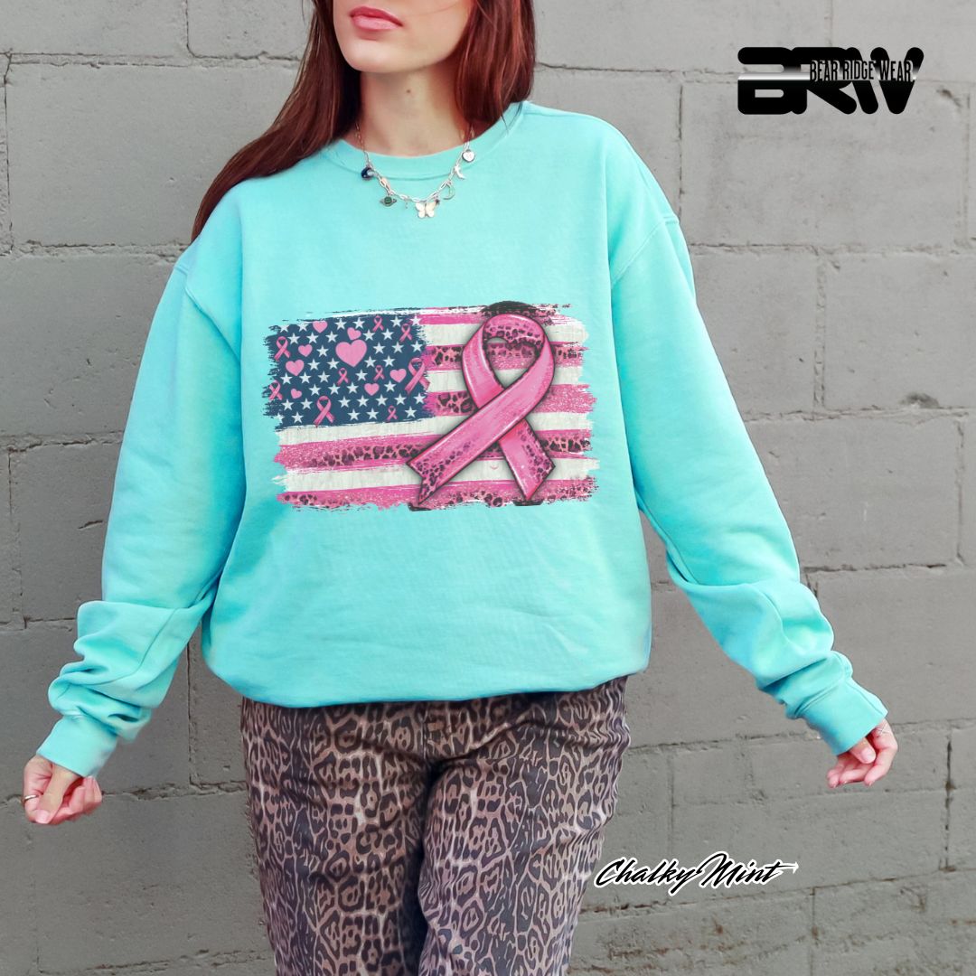 'USA Flag With Pink Ribbon' Awareness Long Sleeve Tee