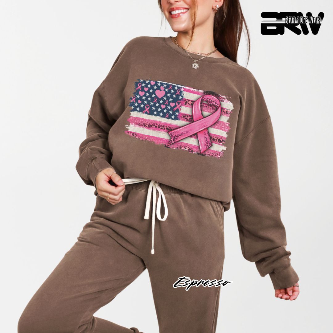 'USA Flag With Pink Ribbon' Awareness Long Sleeve Tee